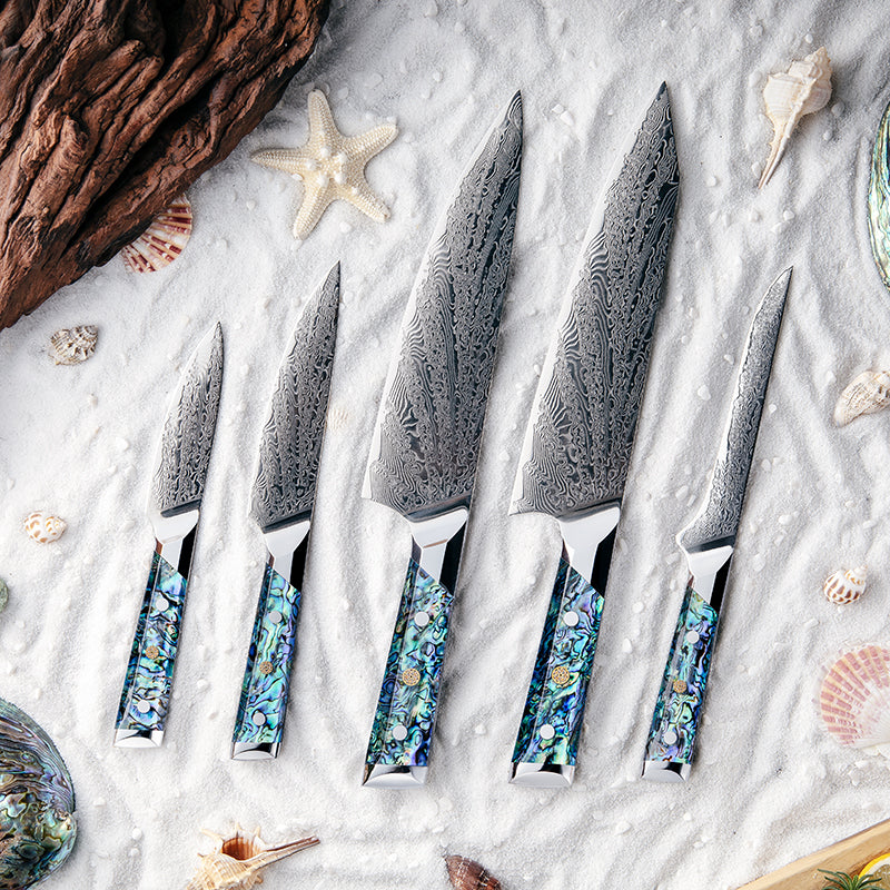 Fyn 5-Piece Damascus Knife Set – Abalone Shell Handle & Ultra-Sharp 67-Layer Blades