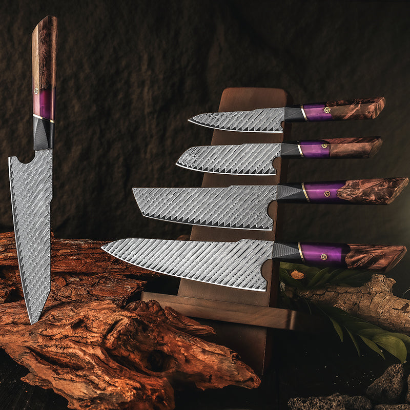 Fyn 5-Piece Acid-Finished Damascus Knife Set – Purple & Orange G10 Resin Handles