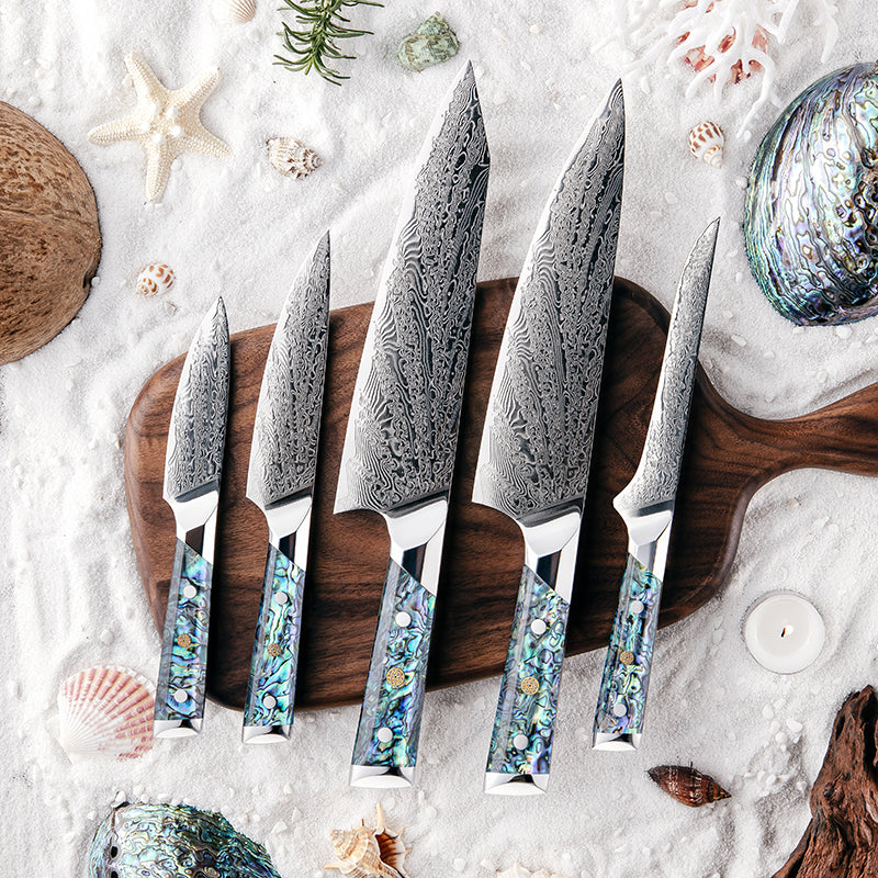Fyn 5-Piece Damascus Knife Set – Abalone Shell Handle & Ultra-Sharp 67-Layer Blades