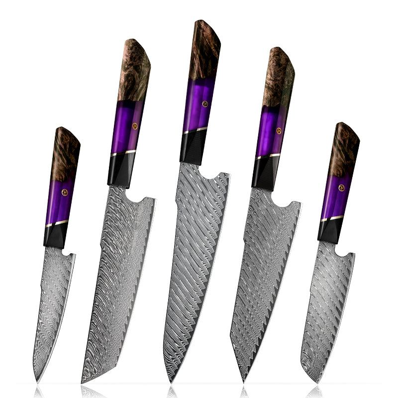 Fyn 5-Piece Acid-Finished Damascus Knife Set – Purple & Orange G10 Resin Handles