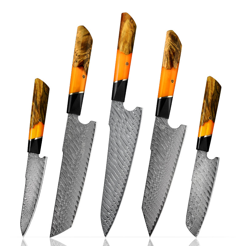 Fyn 5-Piece Acid-Finished Damascus Knife Set – Purple & Orange G10 Resin Handles