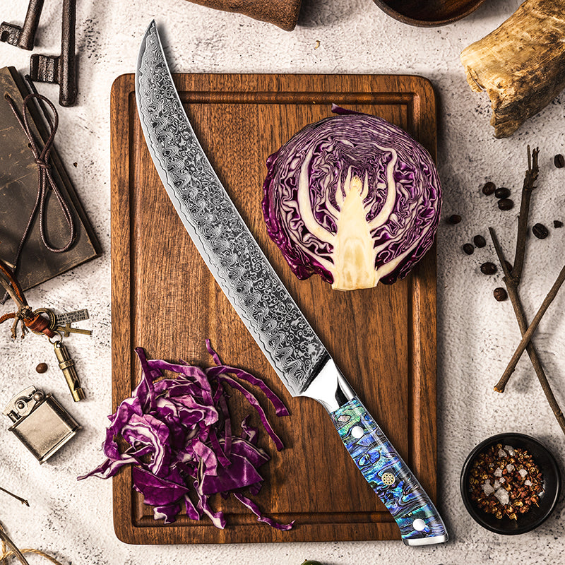 Fyn 10.2" Damascus Butcher Knife with Abalone Shell Handle – Heavy-Duty Power with Artisan Craftsmanship