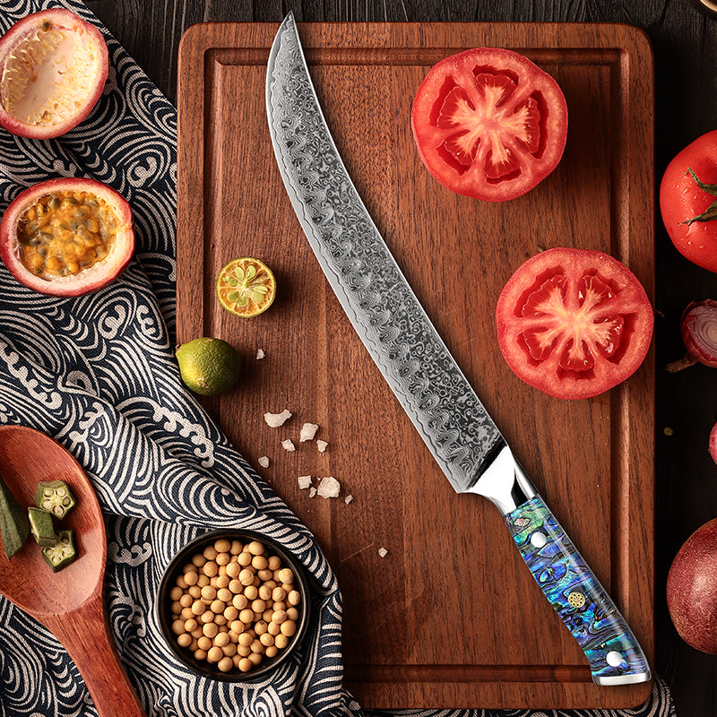 Fyn 10.2" Damascus Butcher Knife with Abalone Shell Handle – Heavy-Duty Power with Artisan Craftsmanship