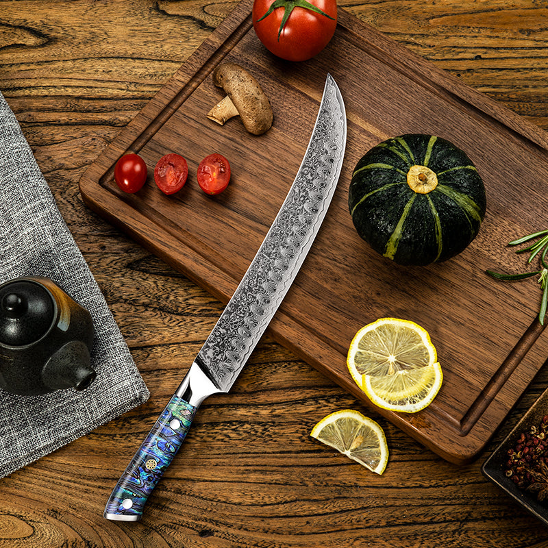 Fyn 10.2" Damascus Butcher Knife with Abalone Shell Handle – Heavy-Duty Power with Artisan Craftsmanship