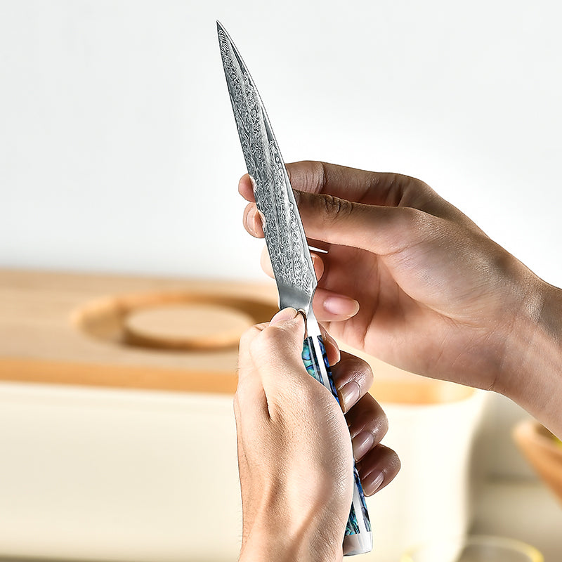 Fyn 5" Damascus Utility Knife with Abalone Shell Handle