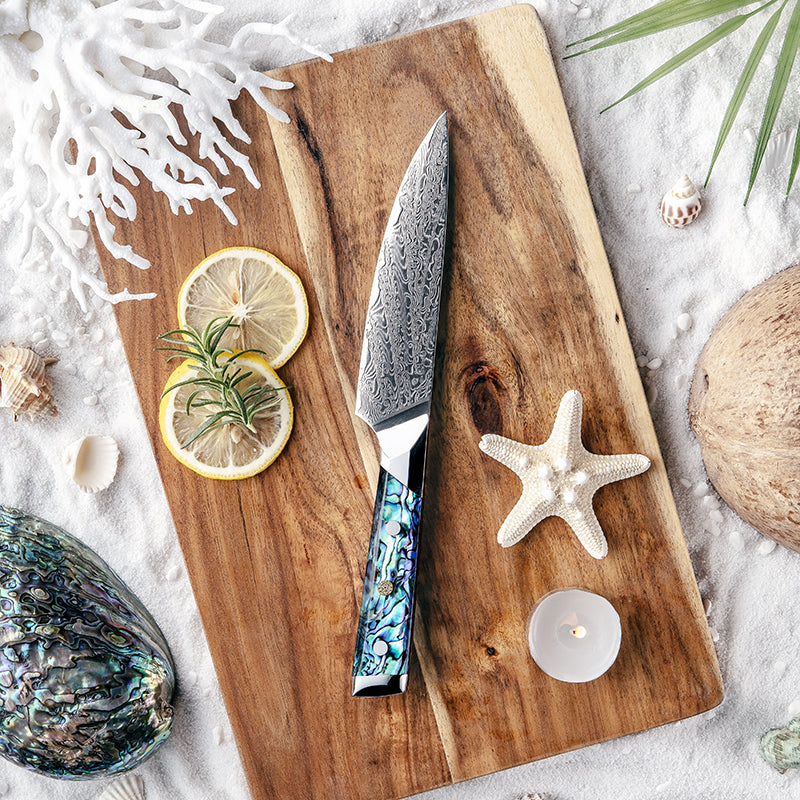 Fyn 5" Damascus Utility Knife with Abalone Shell Handle