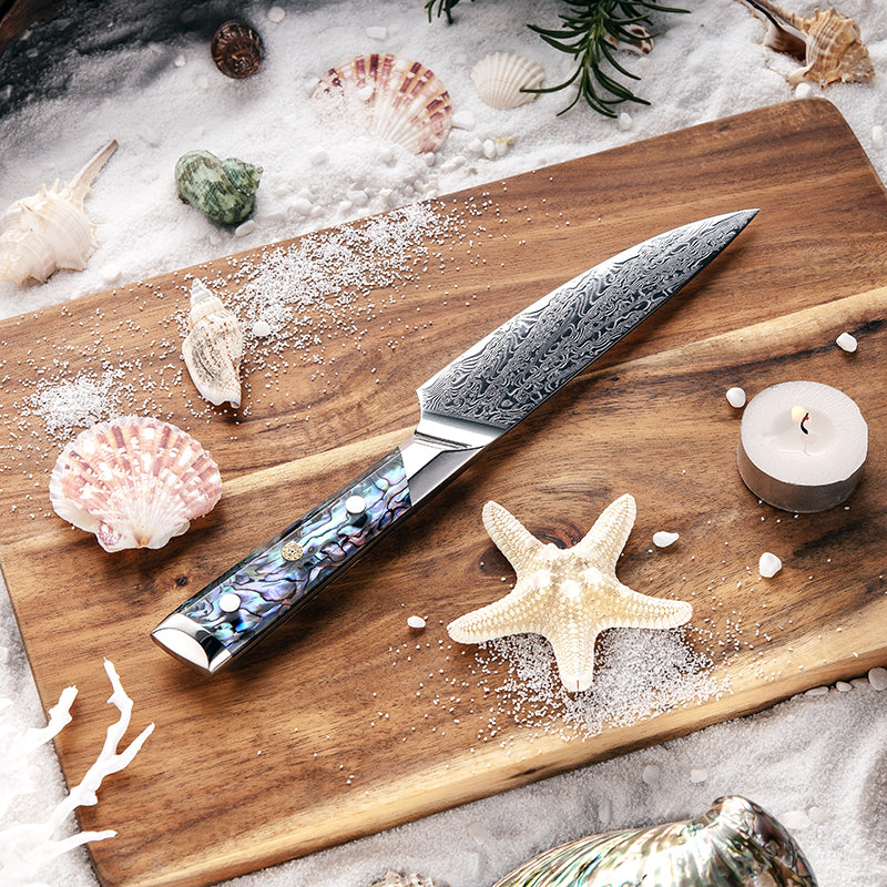 Fyn 5" Damascus Utility Knife with Abalone Shell Handle