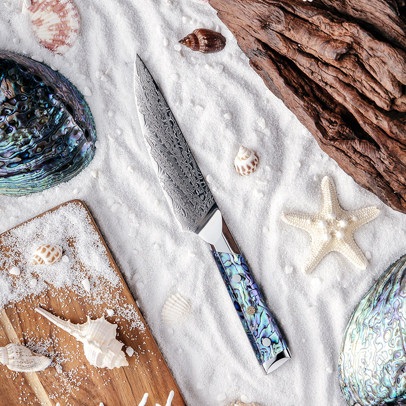 Fyn 5" Damascus Utility Knife with Abalone Shell Handle
