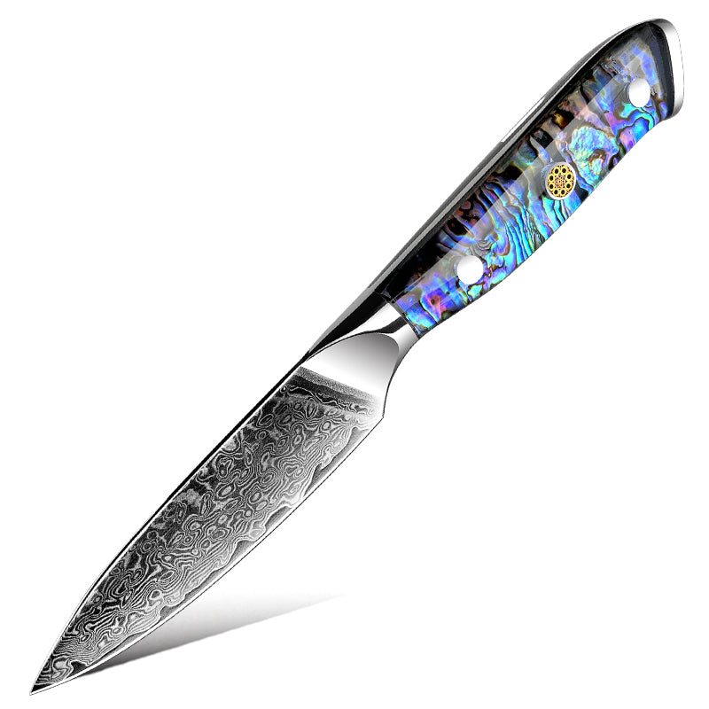 Fyn 3.5" Damascus Paring Knife with Abalone Shell Handle – Precision Control in a Compact Blade