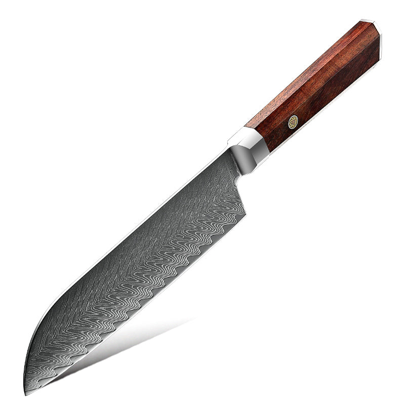 Fyn 7" Damascus Santoku Knife with Rosewood Handle – Compact Power in Every Chop