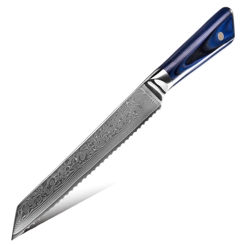 Fyn 8" Damascus Bread Knife with Blue G10 Handle – Glide Through Every Slice