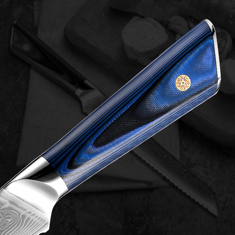 Fyn 8" Damascus Bread Knife with Blue G10 Handle – Glide Through Every Slice