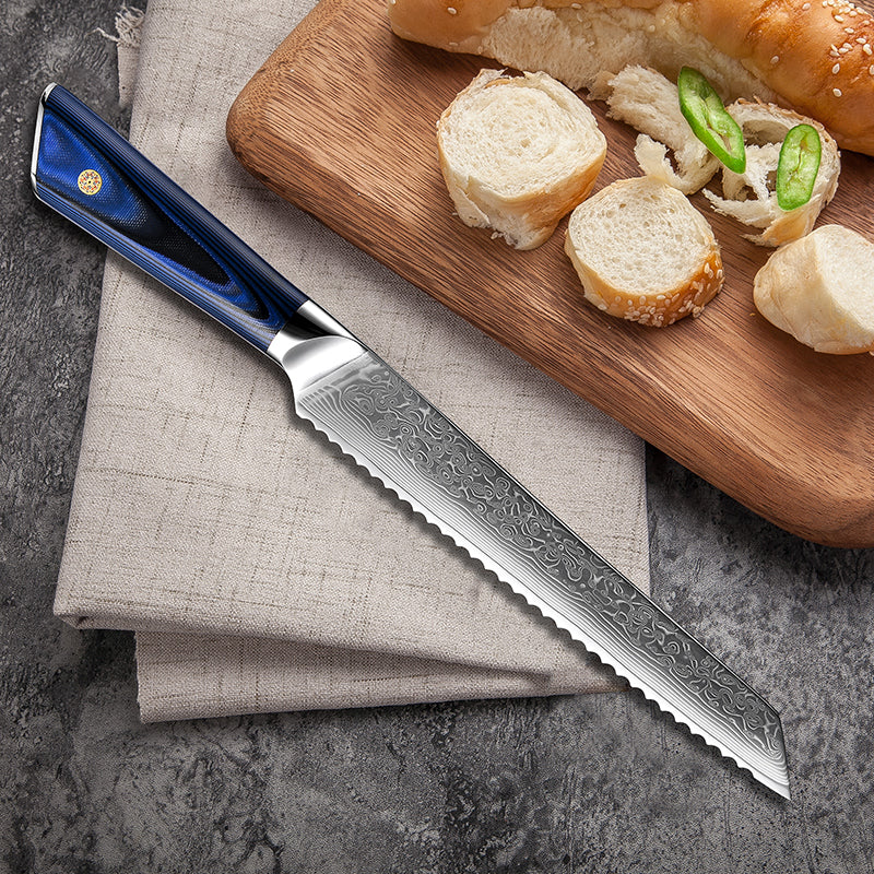 Fyn 8" Damascus Bread Knife with Blue G10 Handle – Glide Through Every Slice