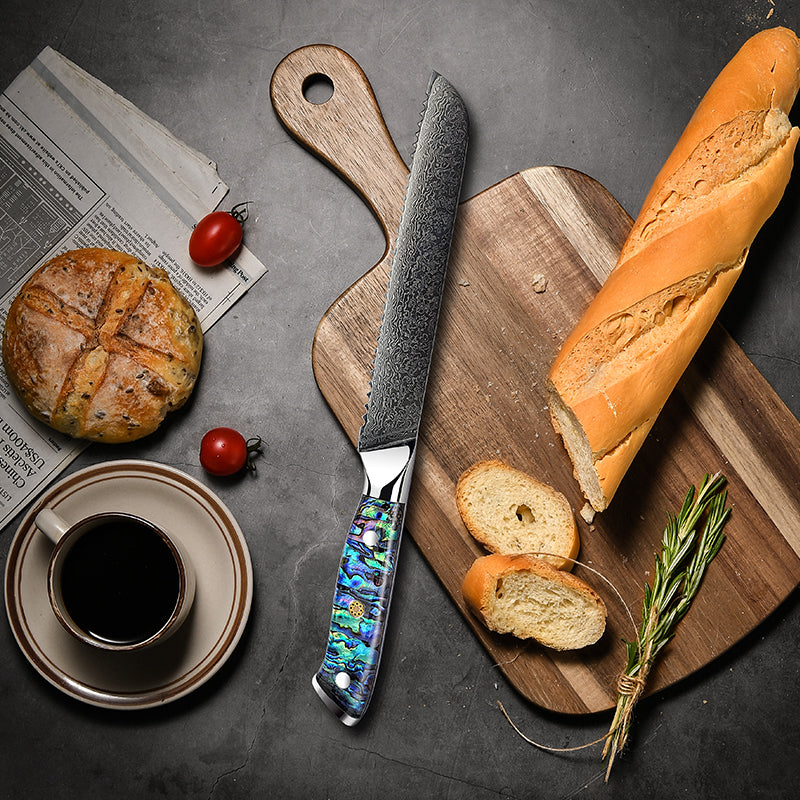 Fyn 8" Damascus Bread Knife with Abalone Shell Handle – Serrated Precision Meets Style