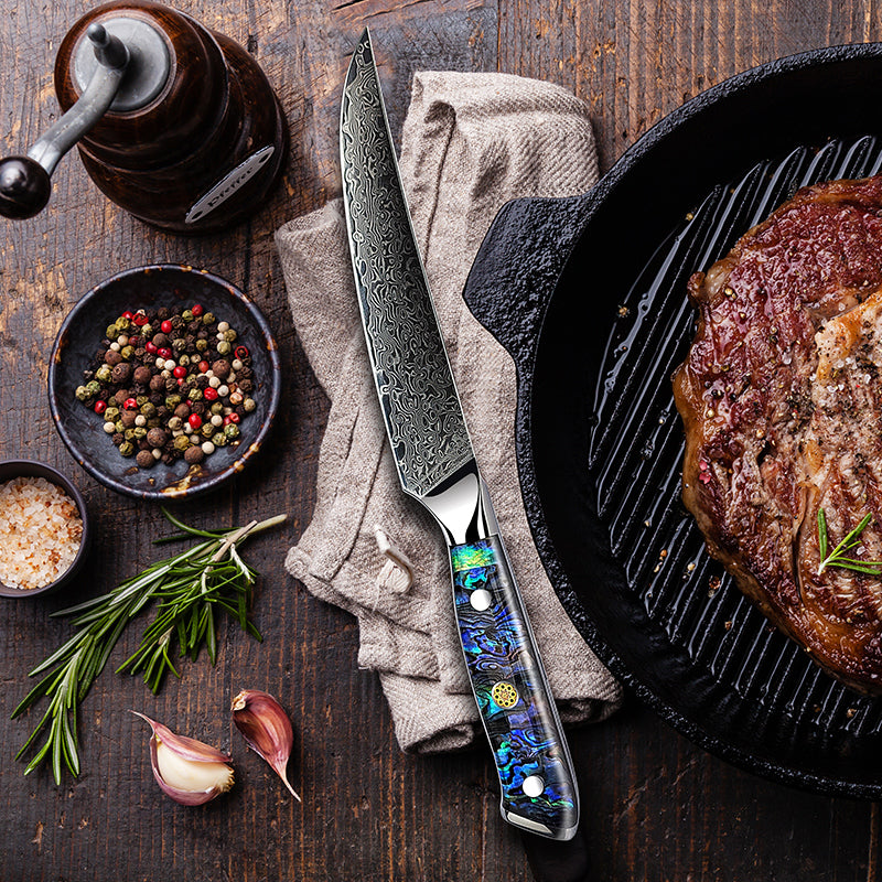Fyn 5" Damascus Steak Knife with Abalone Shell Handle – Elegant Precision for Every Bite