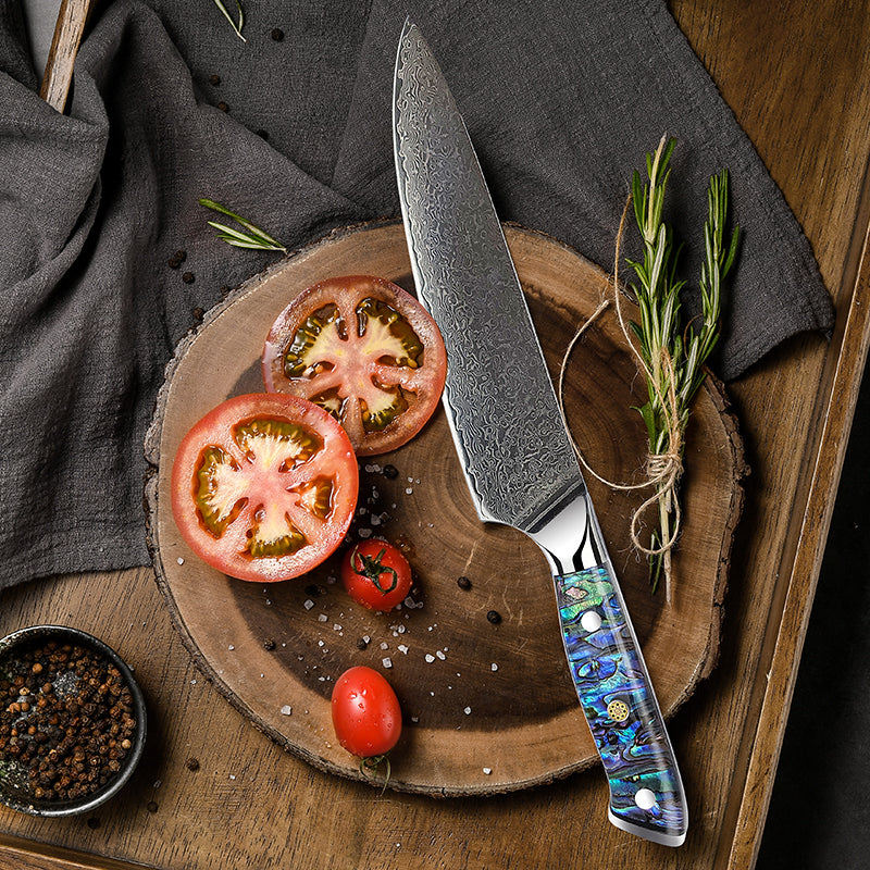 Fyn 8" Damascus Chef Knife with Abalone Shell Handle – Precision, Power & Style in One Blade
