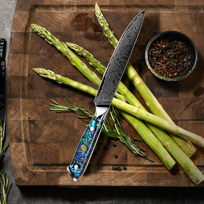 Fyn 5" Damascus Utility Knife with Abalone Shell Handle – Compact Precision with Bold Style