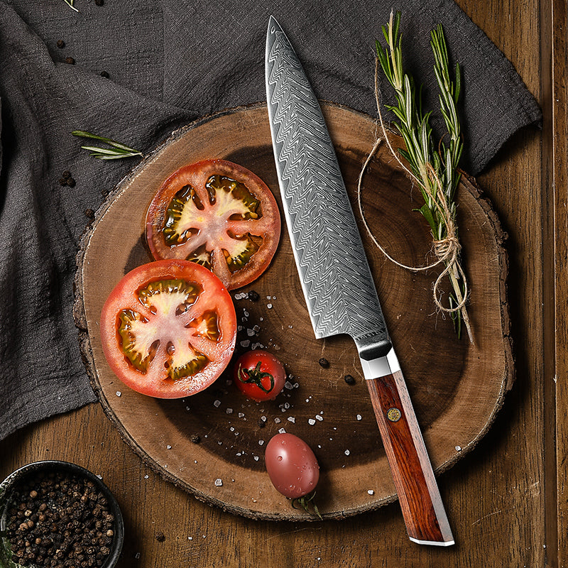 Fyn 8" Damascus Chef Knife with Rosewood Handle – Power Meets Precision