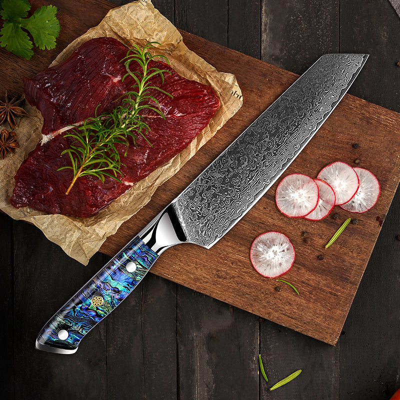 Fyn 8" Damascus Kiritsuke Knife with Abalone Shell Handle – Japanese Precision with a Luxury Edge