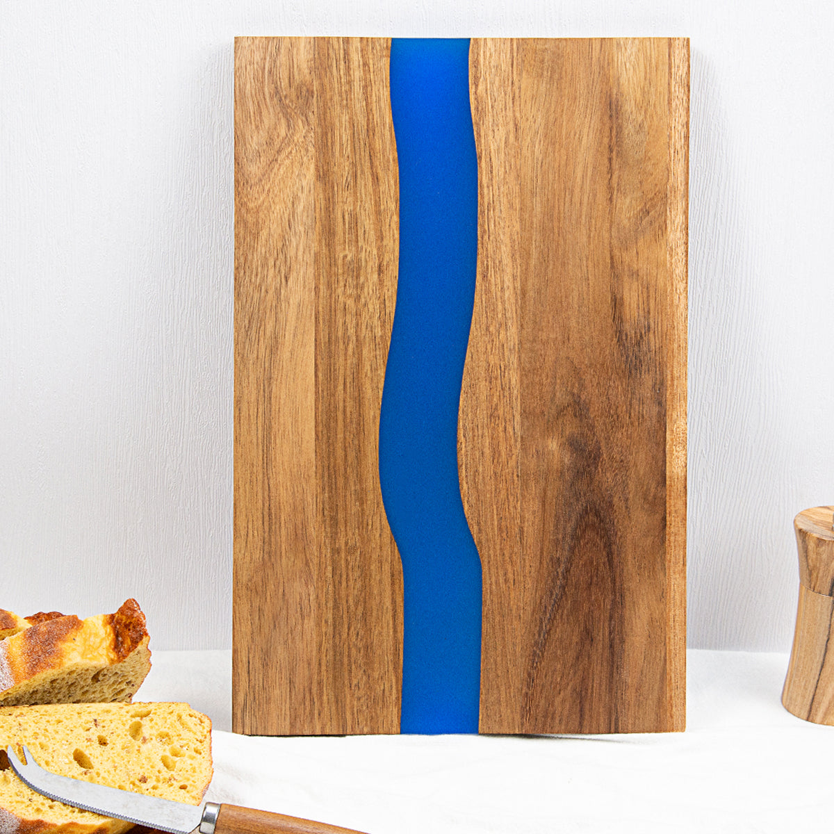 Acacia Wood Cheese Board with Blue Epoxy Resin River – Elegant Serving & Cutting Board