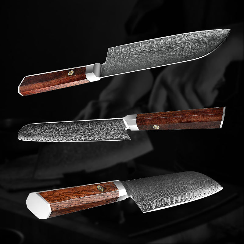 Fyn 7" Damascus Santoku Knife with Rosewood Handle – Compact Power in Every Chop