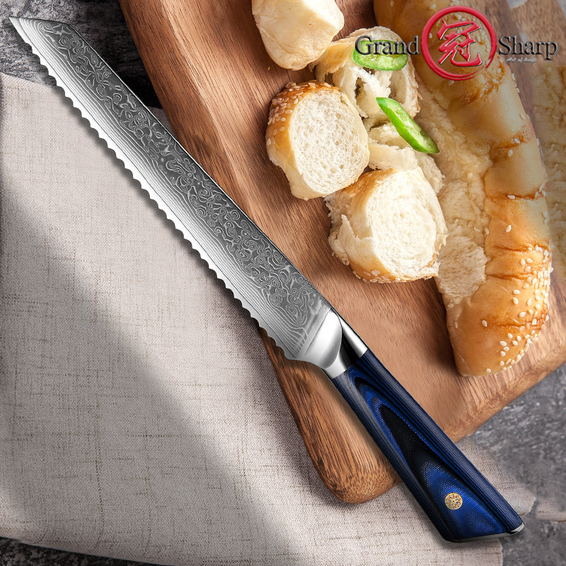 Fyn 8" Damascus Bread Knife with Blue G10 Handle – Glide Through Every Slice