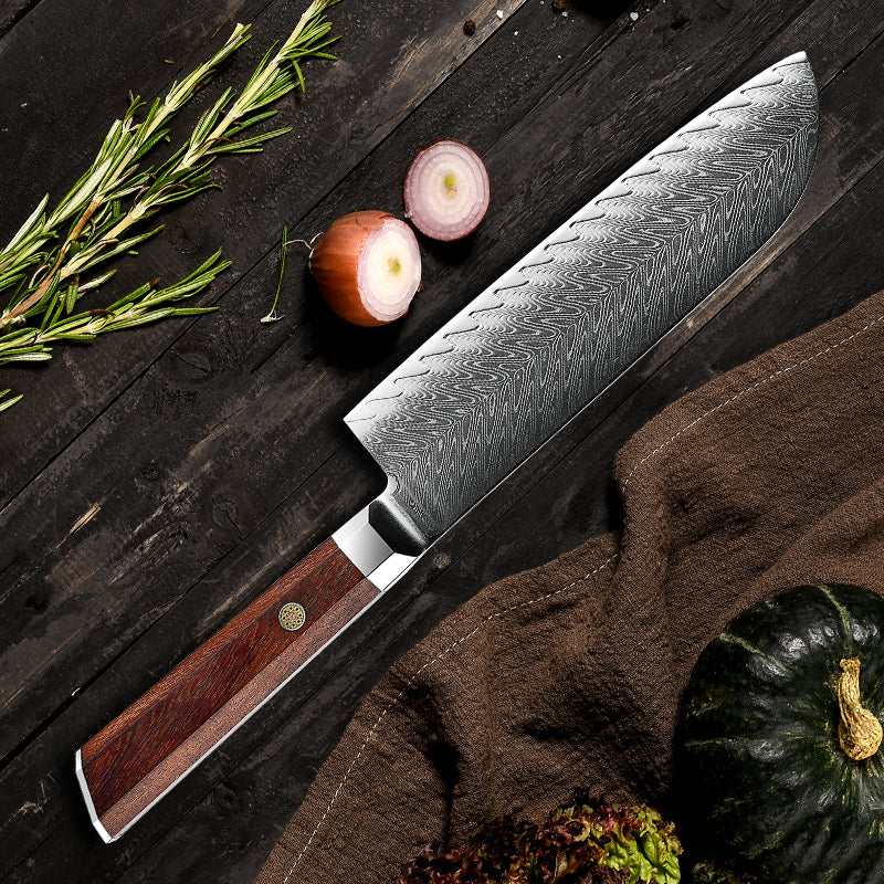 Fyn 7" Damascus Santoku Knife with Rosewood Handle – Compact Power in Every Chop