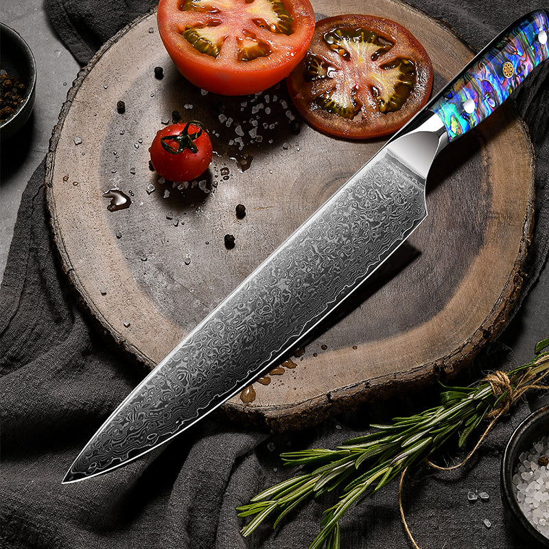 Fyn 8" Damascus Chef Knife with Abalone Shell Handle – Precision, Power & Style in One Blade
