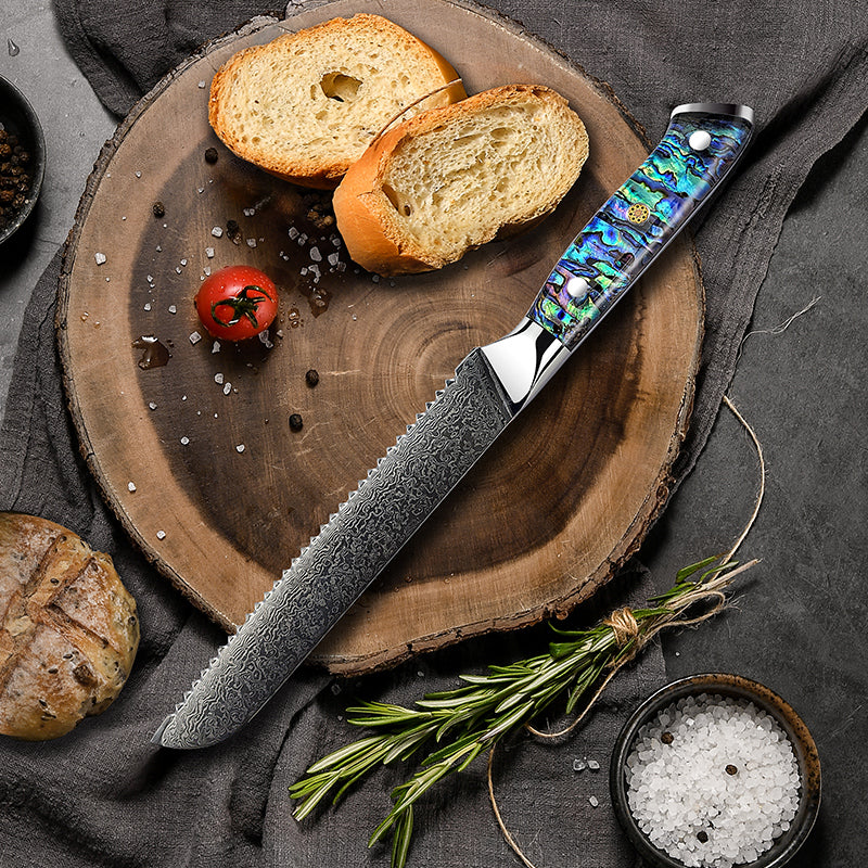 Fyn 8" Damascus Bread Knife with Abalone Shell Handle – Serrated Precision Meets Style