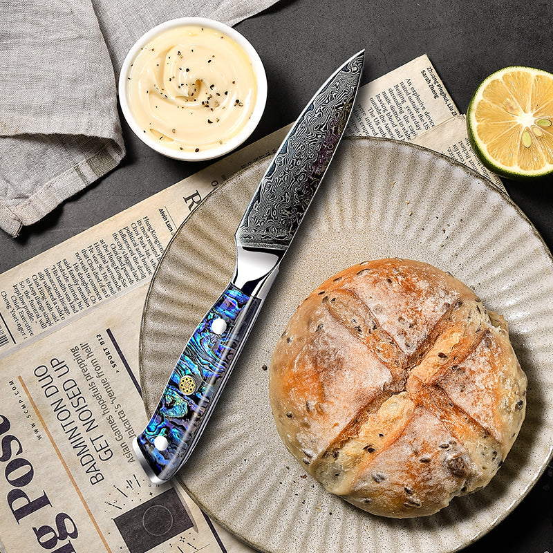 Fyn 3.5" Damascus Paring Knife with Abalone Shell Handle – Precision Control in a Compact Blade