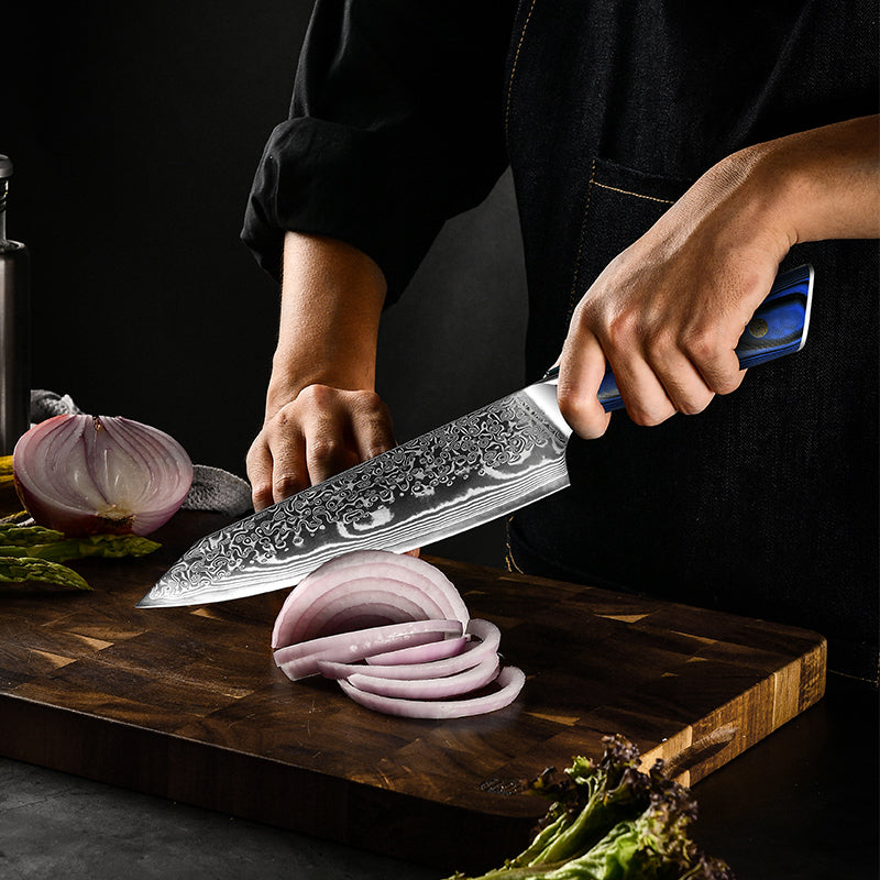 Fyn 8" Damascus Chef Knife with Blue G10 Handle – Precision & Style