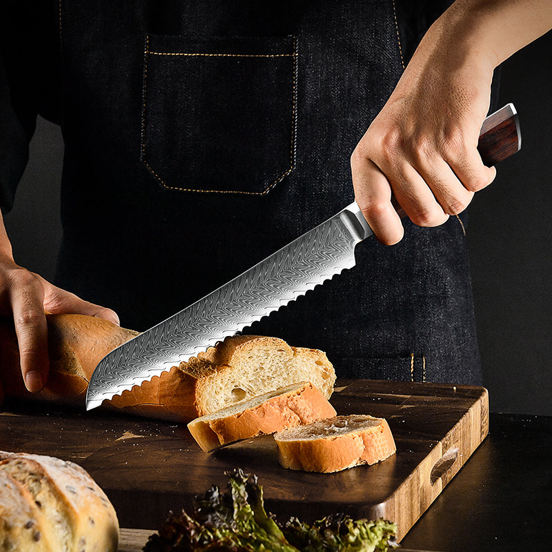 Fyn 8" Damascus Bread Knife with Rosewood Handle – Effortless Precision for Every Slice