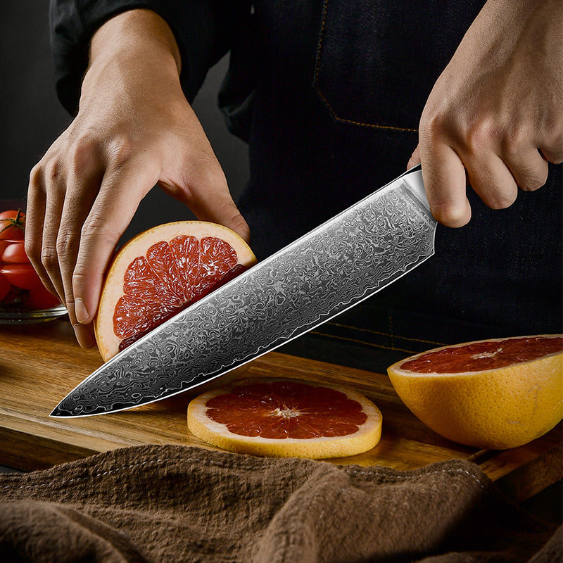 Fyn 8" Damascus Chef Knife with Abalone Shell Handle – Precision, Power & Style in One Blade