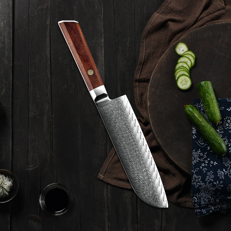 Fyn 7" Damascus Santoku Knife with Rosewood Handle – Compact Power in Every Chop