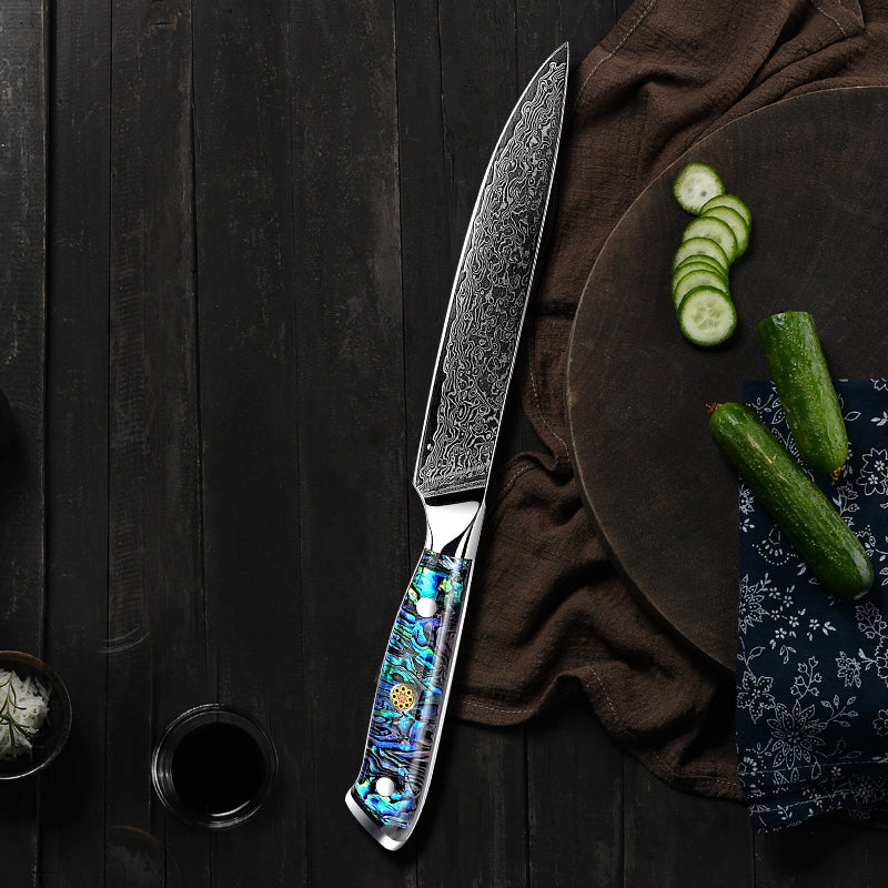 Fyn 5" Damascus Utility Knife with Abalone Shell Handle – Compact Precision with Bold Style