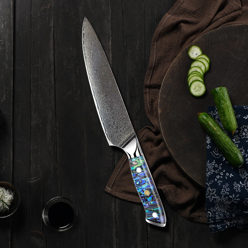 Fyn 8" Damascus Chef Knife with Abalone Shell Handle – Precision, Power & Style in One Blade
