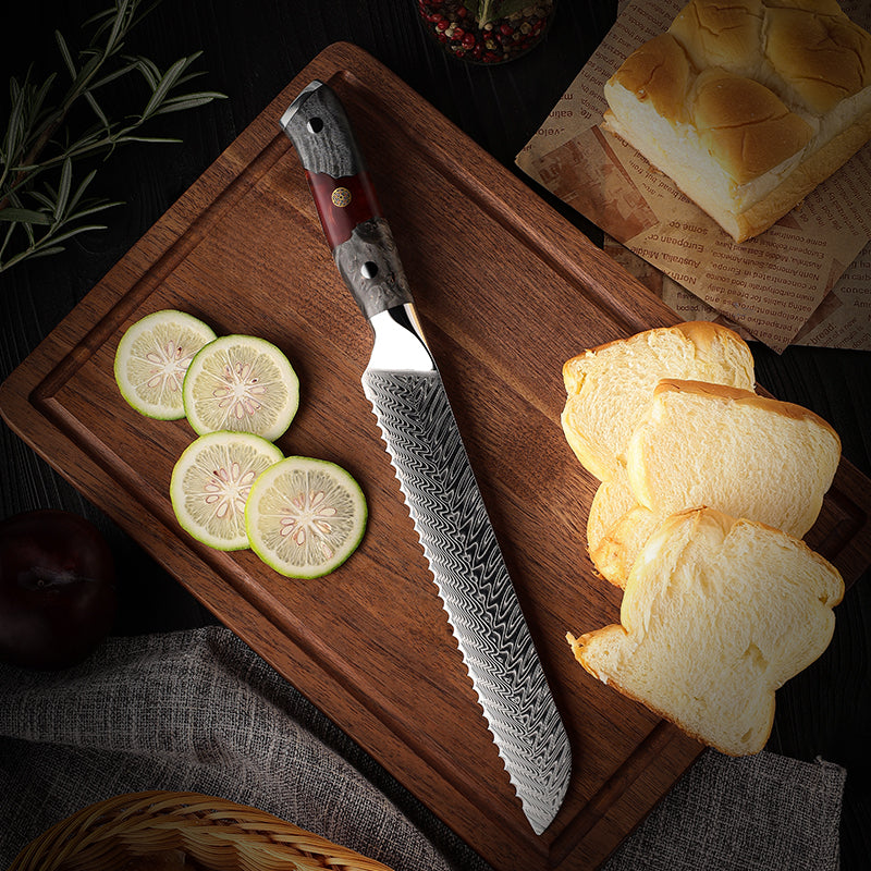 Fyn 8" Damascus Bread Knife – Serrated Precision with a Bold Edge