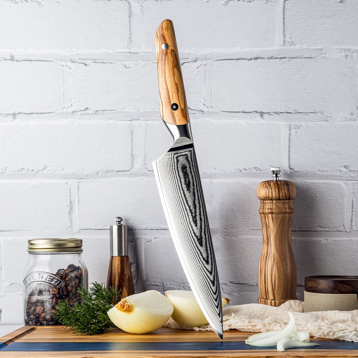 7.7" Damascus Chef Knife – Olive Wood Handle