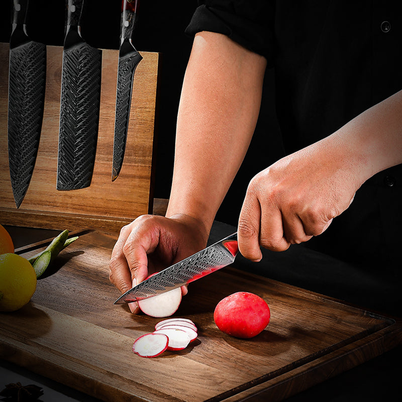 Fyn 8-Piece Damascus Knife Set – Solidified Wood & Resin Handles, Pro Precision