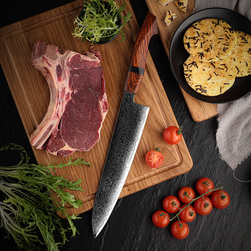 Fyn 9" Damascus Chef Knife with Sandalwood Handle – Ultimate Precision & Strength