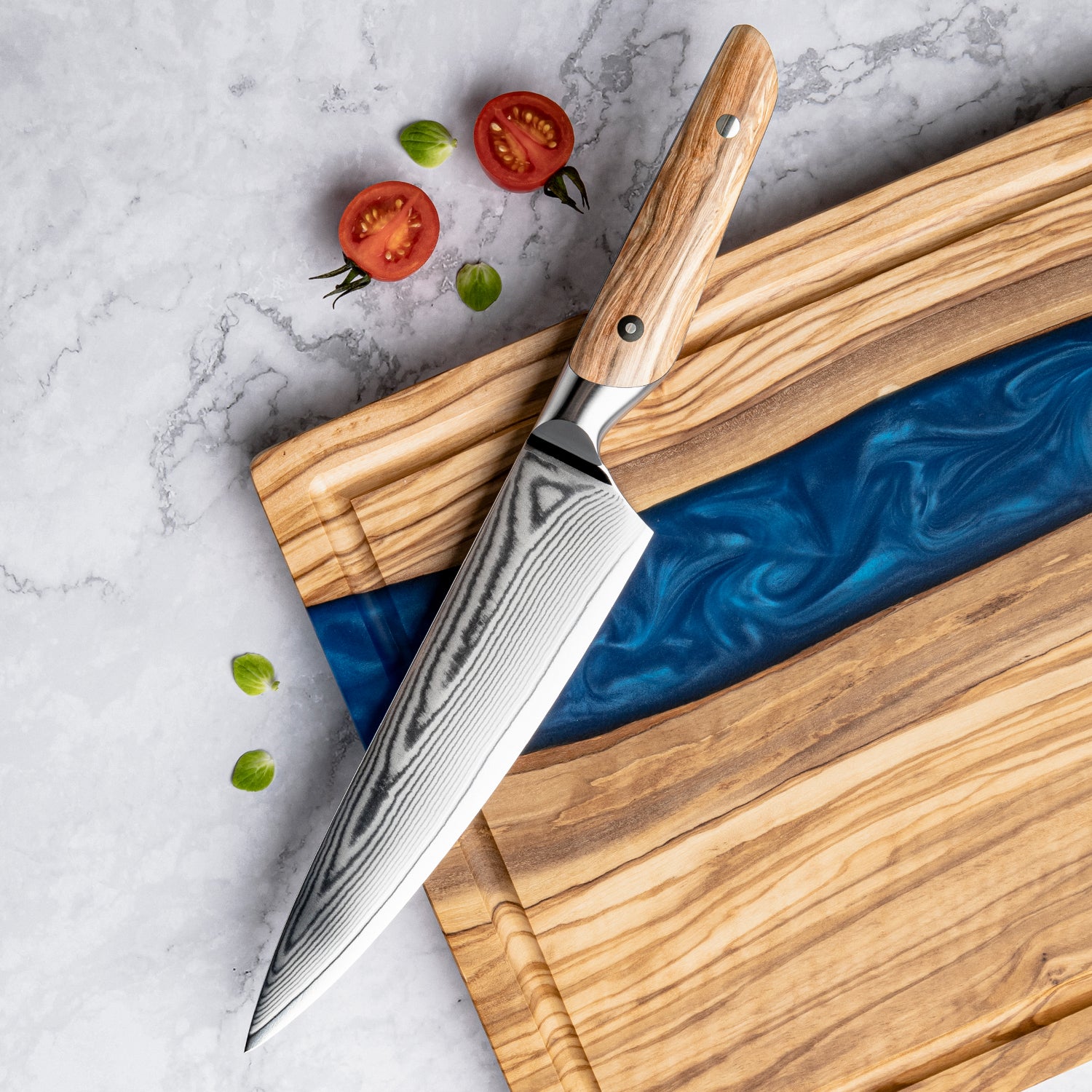 7.7" Damascus Chef Knife – Olive Wood Handle
