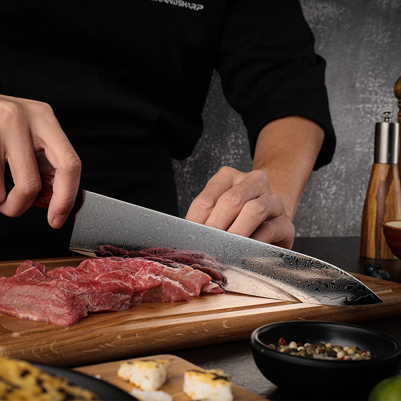 Fyn 9" Damascus Chef Knife with Sandalwood Handle – Ultimate Precision & Strength