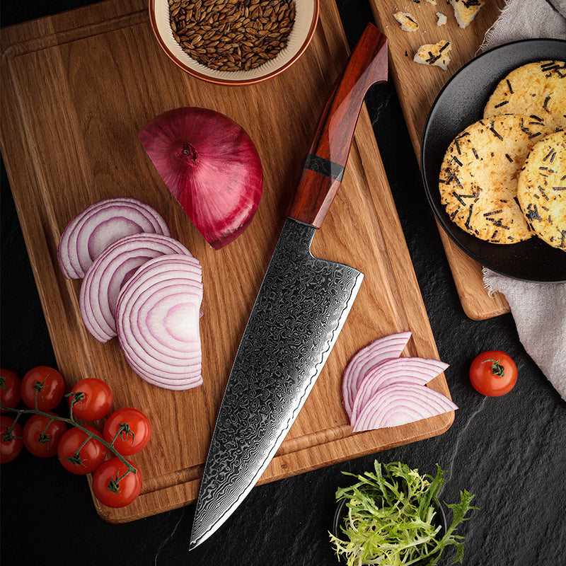 Fyn 8" Damascus Chef Knife with Sandalwood Handle – Precision Cutting Meets Timeless Craft