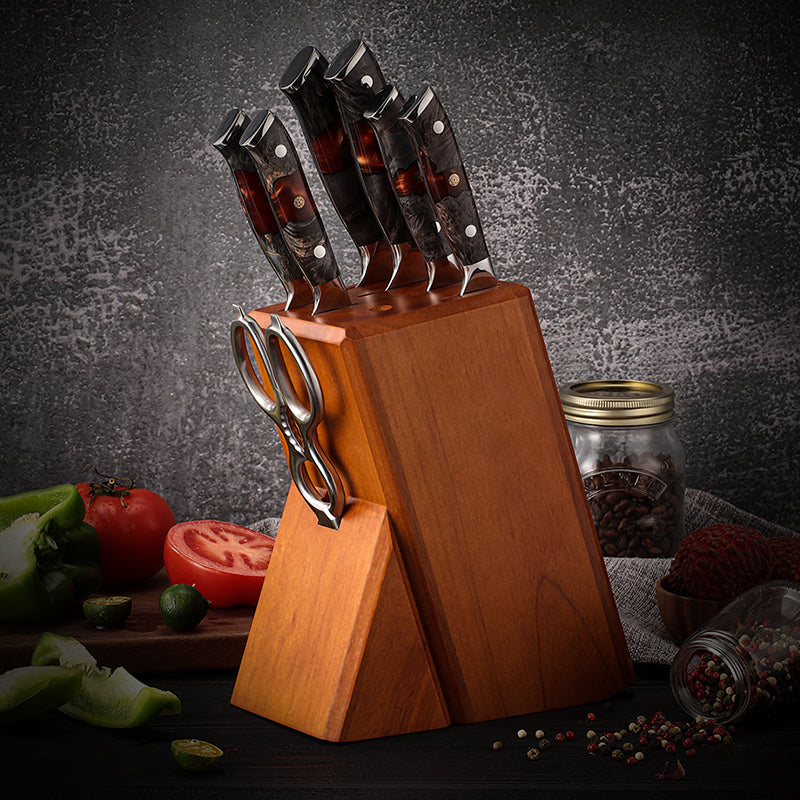 Fyn 8-Piece Damascus Knife Set – Solidified Wood & Resin Handles, Pro Precision
