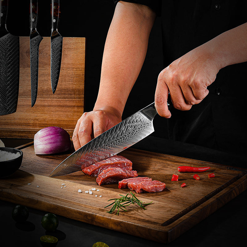 Fyn 8-Piece Damascus Knife Set – Solidified Wood & Resin Handles, Pro Precision