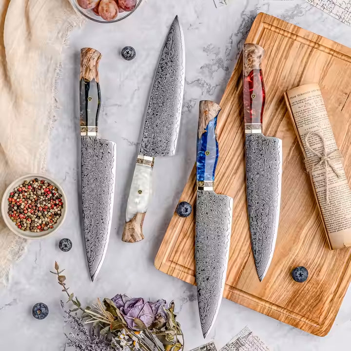 Fyn 7.6" Damascus Chef Knife with Mosaic Resin Handle – Multiple Colors