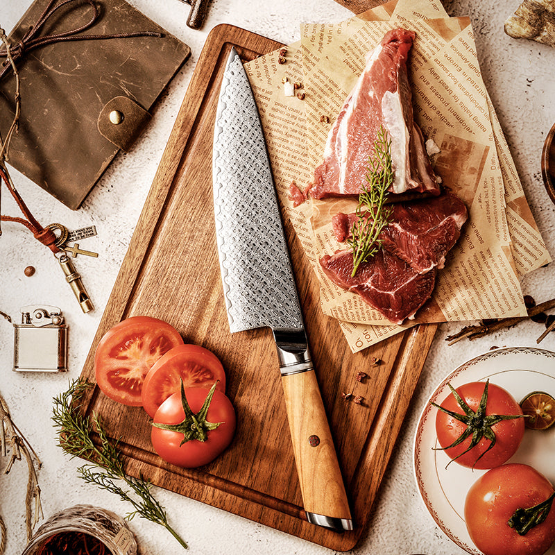 Fyn 8" Damascus Chef Knife – Resin & Olive Wood Handle for Balanced Power