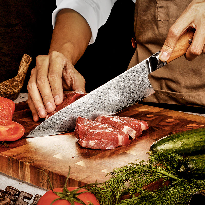 Fyn 8" Damascus Chef Knife – Resin & Olive Wood Handle for Balanced Power