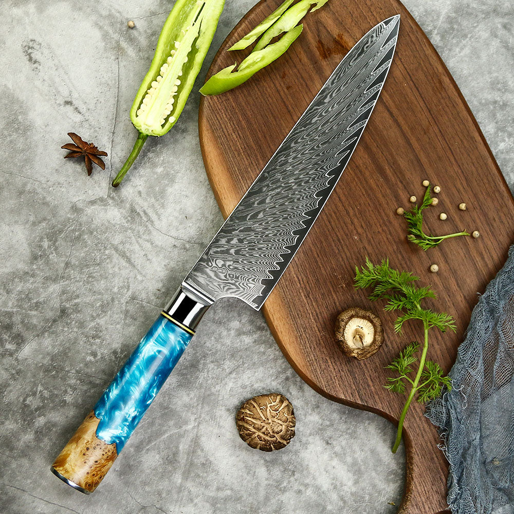 8" Damascus Chef Knife – Black & Blue Resin Burl Wood Handle