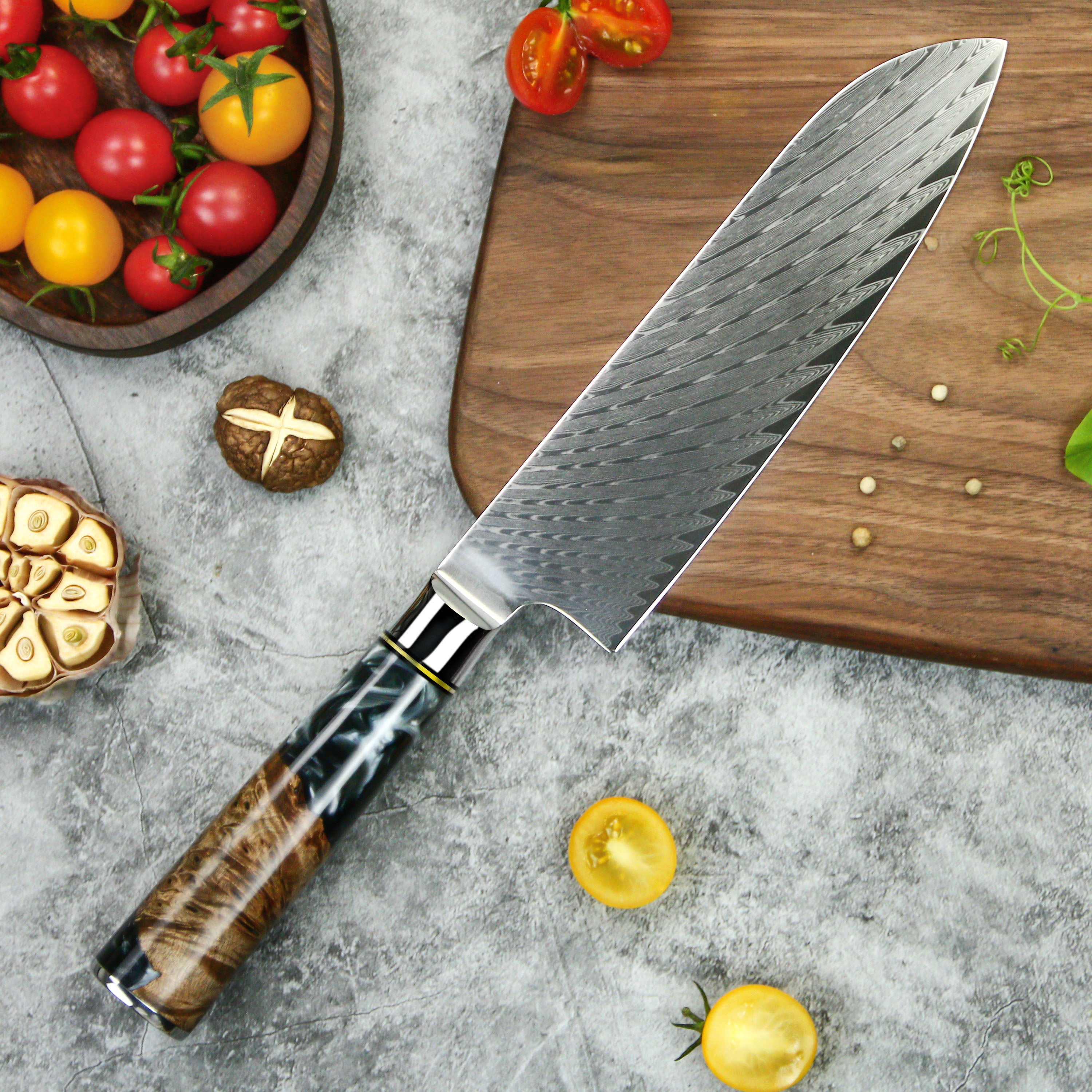 7 Inch Santoku Knife – 67-Layer Damascus Steel with Black & Blue Handle